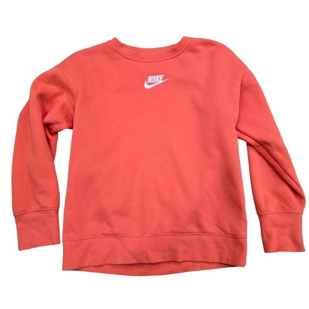 Nike Sweatshirt Girl's Small Orange Logo Long Sleeve Crew Neck Pullover Stretch